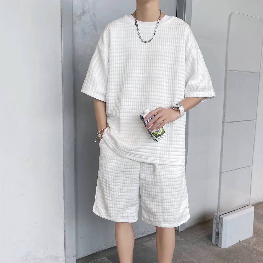Set đồ thể thao vải thun da cá cotton ngắn tay cổ tròn màu trơn phong cách Hồng Kông thời trang hè mặc ở nhà cho nam