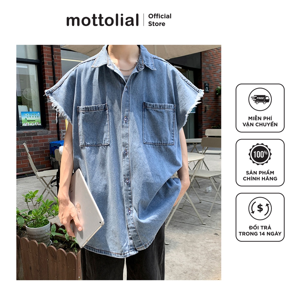 Áo khoác Jean nam form rộng, tay ngắn, cổ bẻ, chất liệu vải jean dệt cao cấp, kiểu dáng thời trang - Mottolial