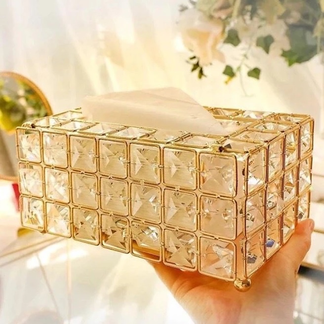 Hộp Đựng Khăn Giấy Kim Loại Đính Đá Phong Cách Châu Âu