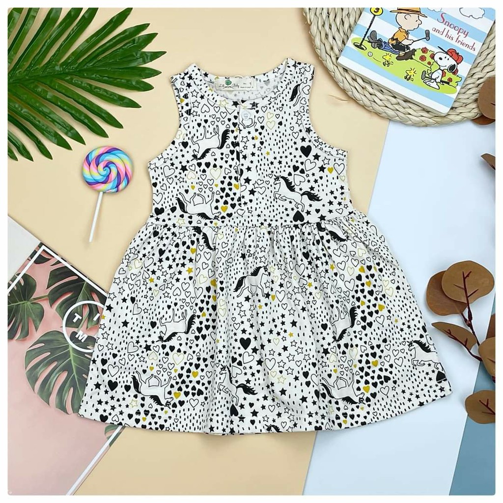 Đầm sát nách cài cúc bé gái cotton xuất dư Litibaby size cho bé 9-27kg