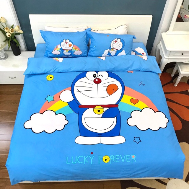 Bộ chăn ga cotton 3D Doraemon xanh siêu xinh(kèm ảnh thật)