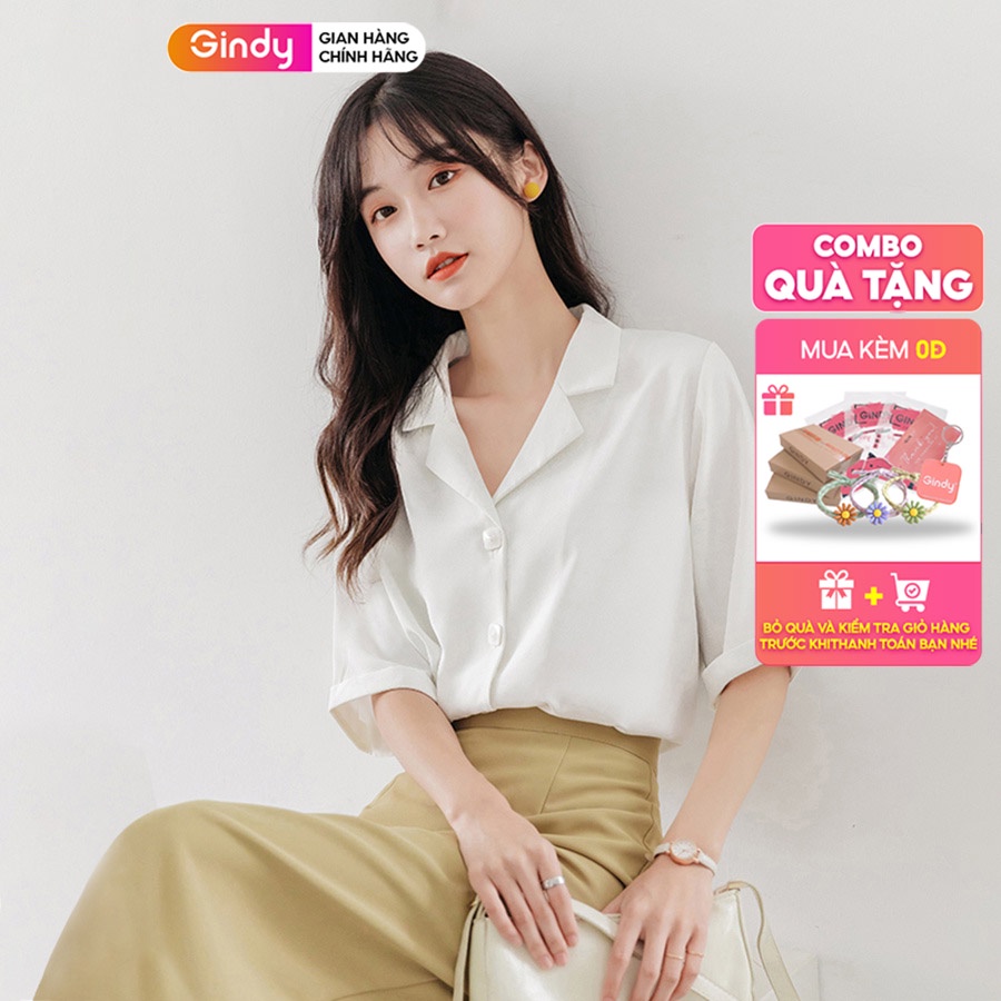 Áo sơ mi lụa ngọc trai GINDY cổ vest tay lỡ cúc vuông dáng basic sang chảnh thời trang công sở A10114 | BigBuy360 - bigbuy360.vn
