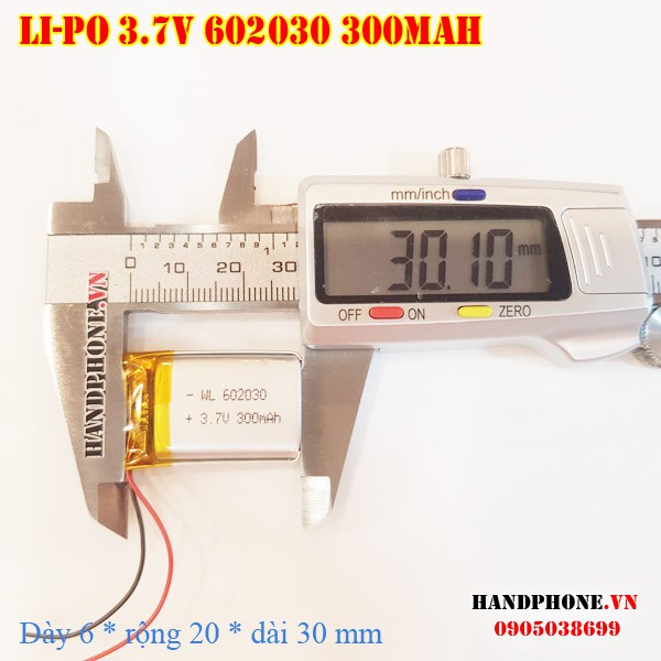 Pin Li-Po 3.7V 300mAh 602030 (Lithium Polymer) cho điện thoại, loa Bluetooth, định vị GPS, máy ghi âm, camera hành trình