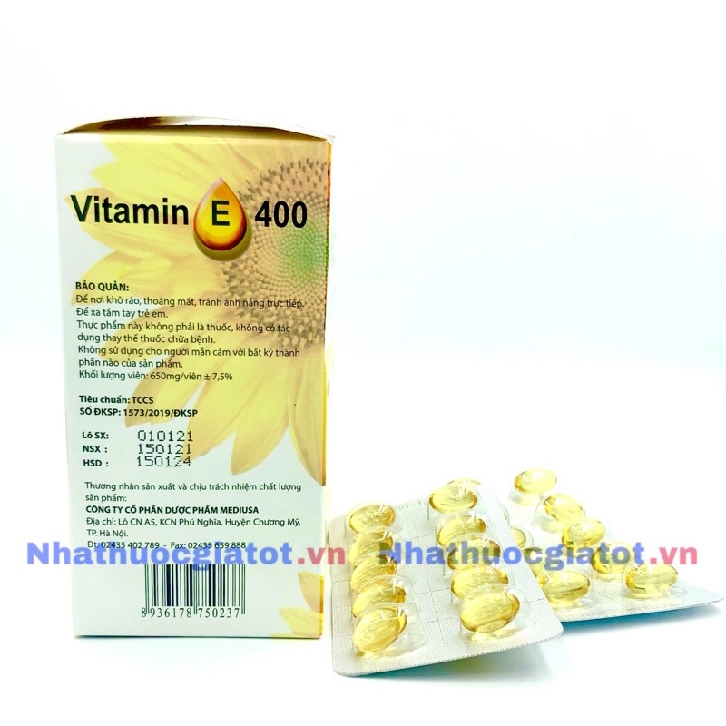 [100 Viên] Viên uống VITAMIN E 400 BÔNG CÚC NHA ĐAM giúp làm đẹp da, trắng da, phục hồi da nhăn nheo