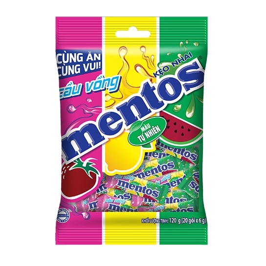 Combo 3 gói Kẹo nhai Mentos Cầu Vồng 3 Viên Hương Trái Cây (Gói 120g)