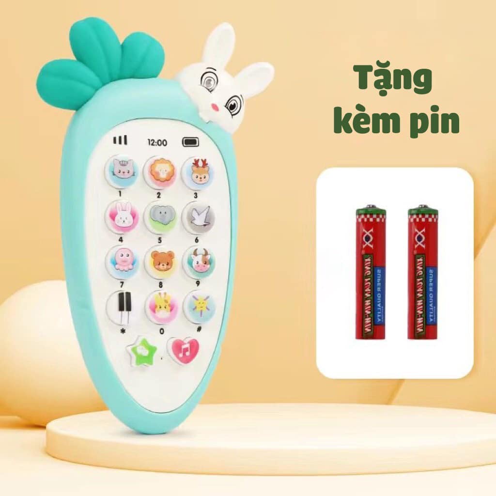 Điện Thoại Thỏ Cà Rốt Cho Bé, Có Nhạc Và Đèn ( Kèm Vỏ Silicon + Dây Đeo + 3 Pin AAA)
