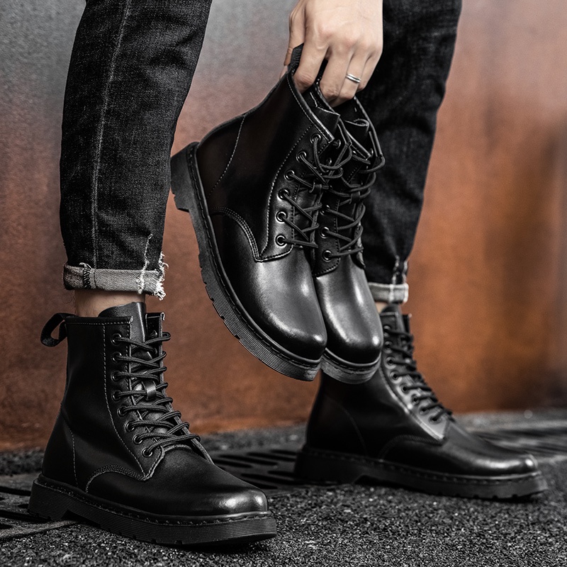 Giày bốt martin da thật mềm cổ cao sáu lỗ thời trang cá tính cho nam nữ kích thước 35-47