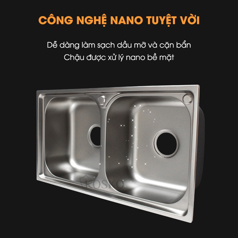 Chậu rửa bát inox 304 Kosko 78x43cm hố to đã bao gồm bộ xả thoát nước (Bảo hàng 12 tháng), chậu rửa chén inox