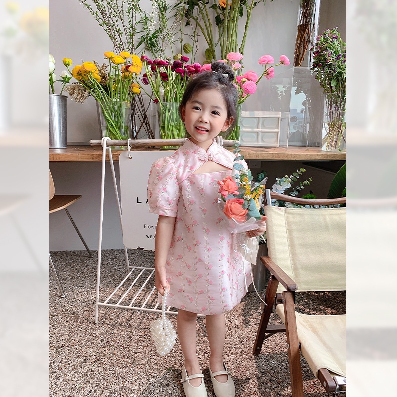 SANITKUN Đầm sườn xám tay ngắn in hoa cho bé gái