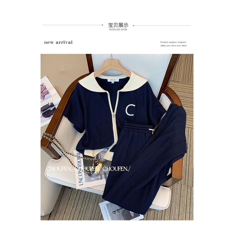 Fat mm300 jin leisure doll collar T-shirt suit women summer loose size sports short-sleeved wide-leg trousers two-piece set