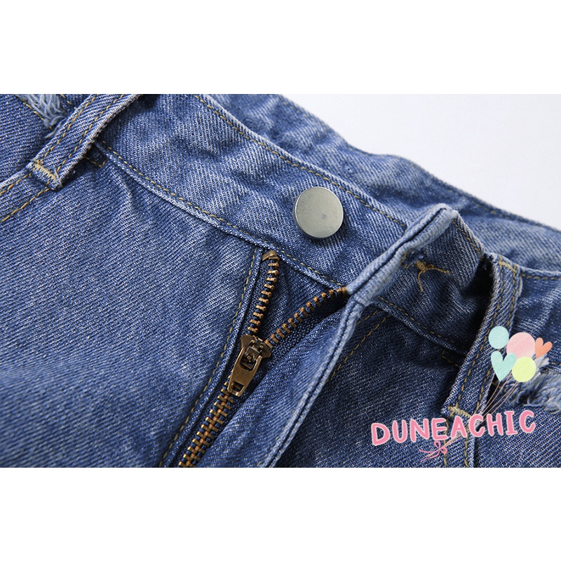 DUNEA Quần Short Denim Lưng Cao Phối Rách Kiểu Đường Phố Cá Tính Cho Nữ