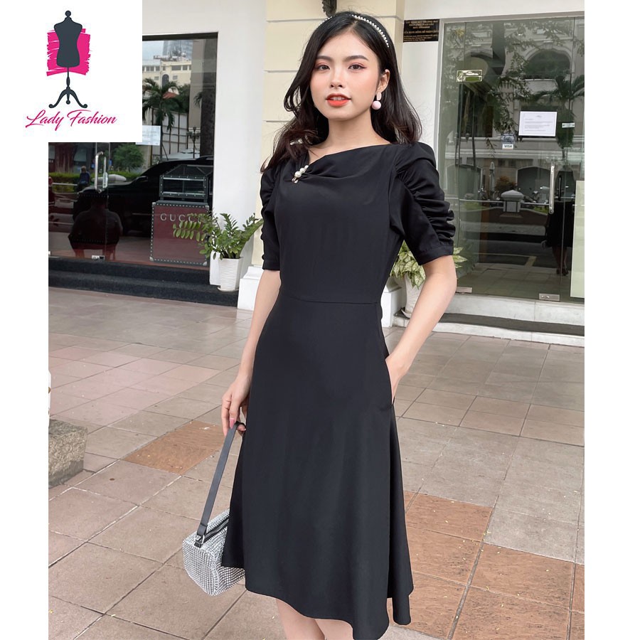 Đầm suôn cổ đỗ phối ngọc trai sang trọng-DAM20