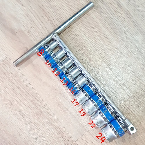 Bộ 10 Món Gồm 1 Cần Siết 1/2 Chữ T Cán Và 9 Đầu Tuýp Lục Giác 1/2 Các Size 8,10,12,13,14,17,19,22,24mm