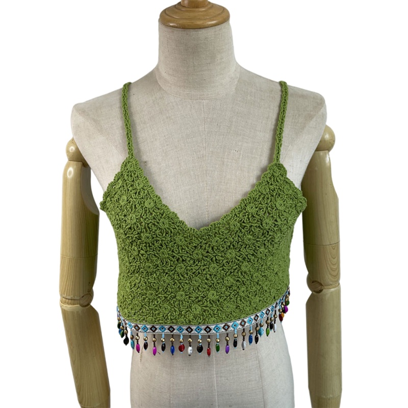 Brroa Áo Croptop Dệt Kim Hai Dây Cổ Chữ V Màu Trơn Họa Tiết Hoa Cúc Nhiều Màu Sắc Phong Cách Dân Tộc Cho Nữ