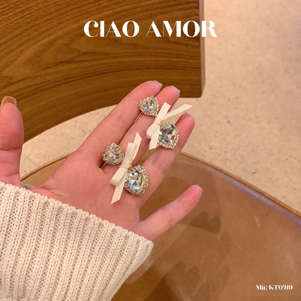 KT0419-Khuyên tai nữ, Bông tai nữ nơ dài trái tim đá to tiểu thư dự tiệc Trang sức Ciao Amor