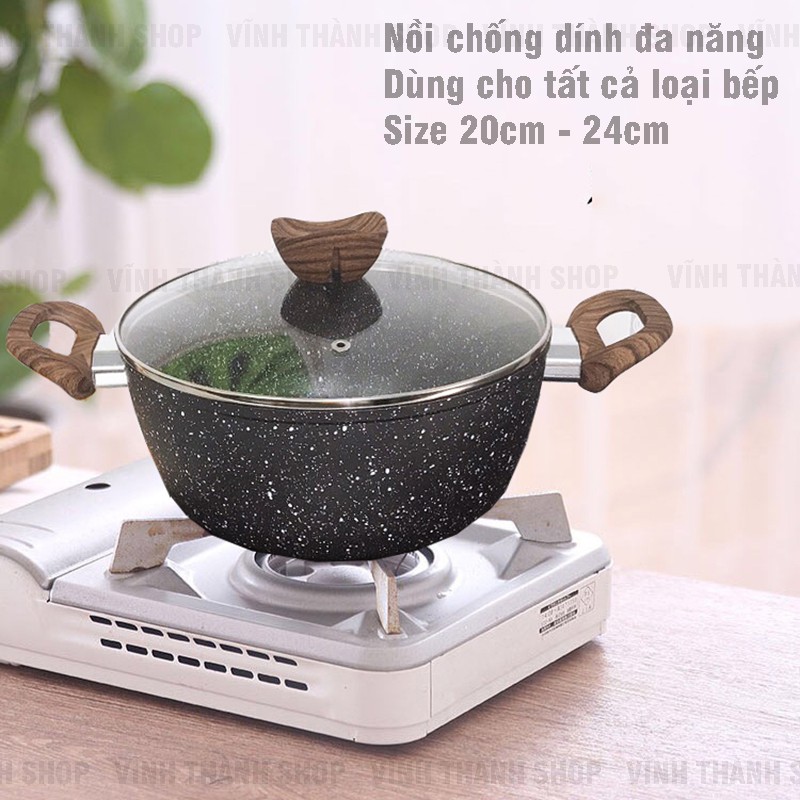 Nồi Chống Dính Vân Đá Đáy Từ Để Chiên, Xào, Nấu, Hấp Dùng Được Cho Bếp Từ, Bếp Gas, Bếp Hồng Ngoại Size 20cm - 24cm