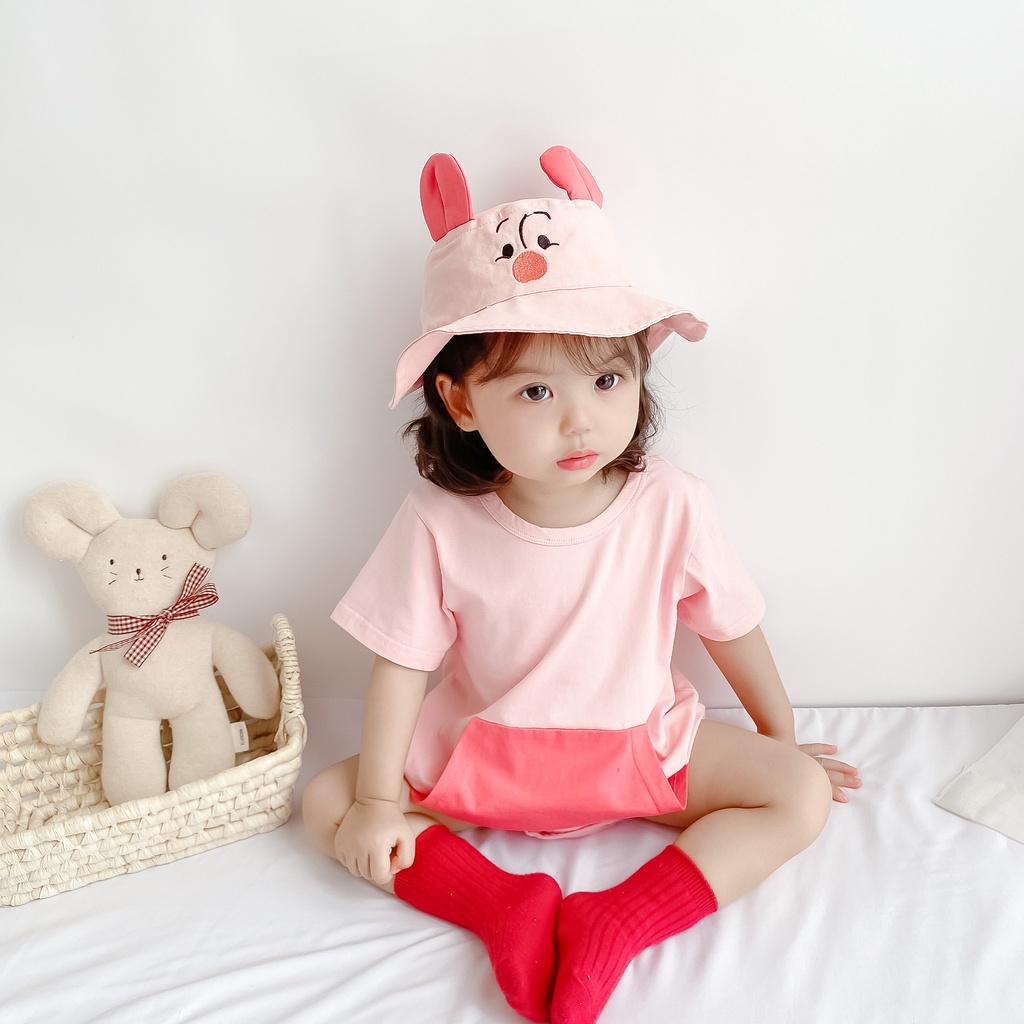 Bộ Áo Liền Quần Tay Ngắn Có Túi + Mũ Tai Thỏ Dễ Thương Cho Bé Sơ Sinh