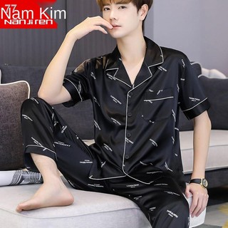 Bộ đồ ngủ lụa băng Nam Cực dành cho nam mùa hè cỡ lớn đồ ngủ nam mỏng mô phỏng bộ đồ ngủ mùa hè bằng lụaD