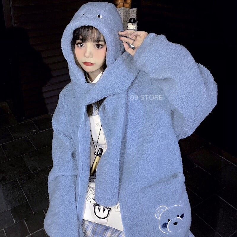 Áo khoác lông cừu, áo khoác mũ lông có khăn phong cách loli