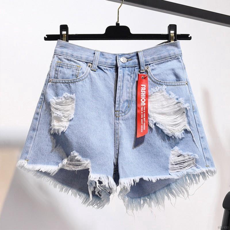 Quần sọt Denim lưng cao màu trơn thiết kế rách cá tính