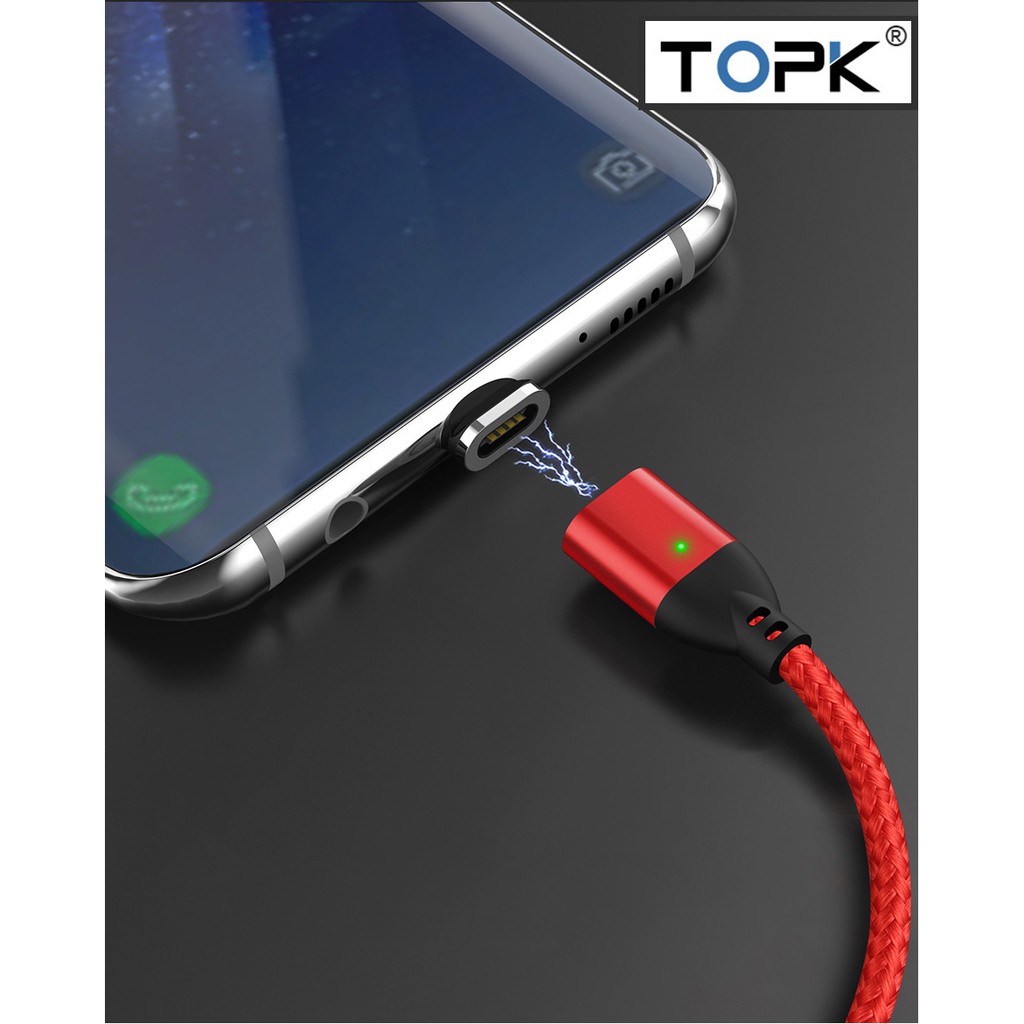 Cáp sạc từ hít nam châm Micro USB,Type-c,Lightning TOPK dòng 3A Hỗ trợ sạc nhanh , truyền dữ liệu hai mặt,dây dù