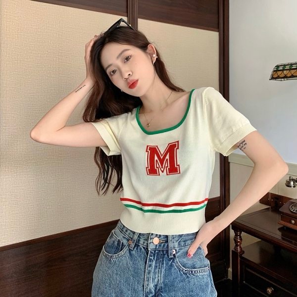 【ZHELIHANGFEI】Áo Thun Dệt Kim Tay Ngắn In Chữ Trẻ Trung Hợp Thời Trang
