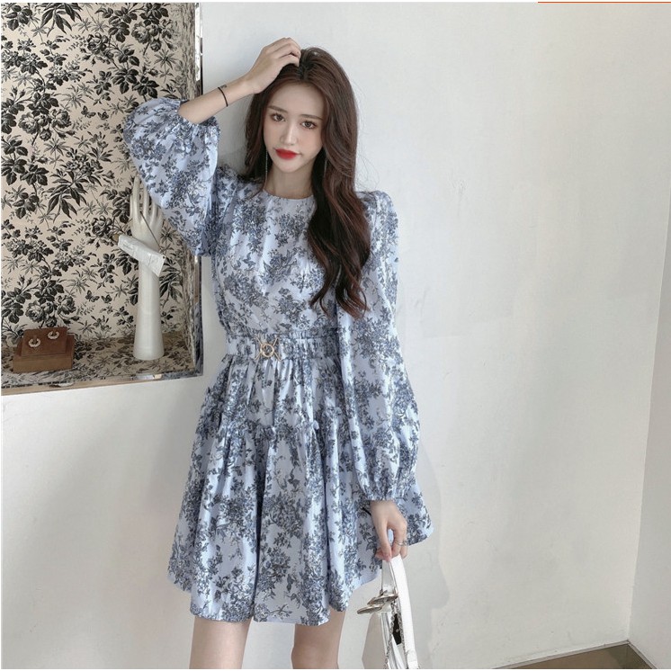 Đầm tay dài cổ tròn in họa tiết hoa phong cách Hàn Quốc xinh xắn thời trang cho nữ | BigBuy360 - bigbuy360.vn