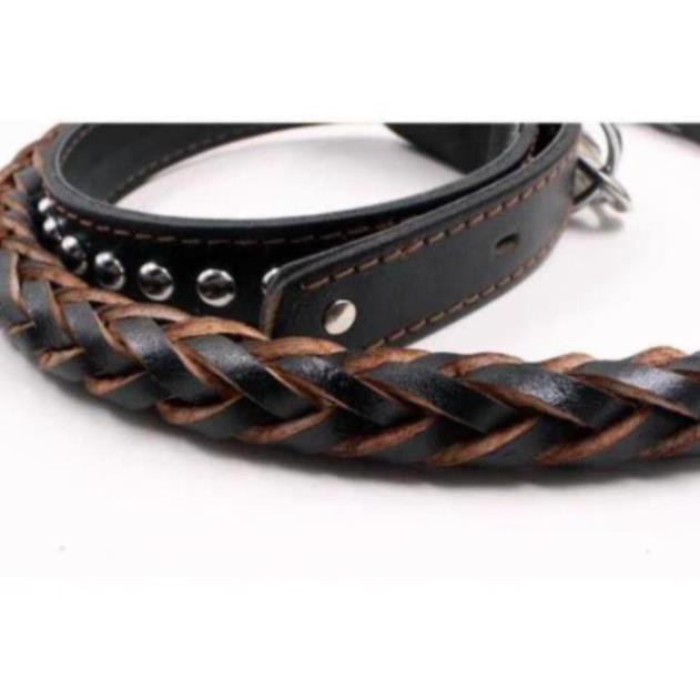 Dây dắt chó lớn + dây  da bò tết cho chó trên 20kg