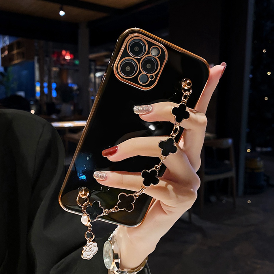 Ốp Điện Thoại In Hoa Có Dây Đeo Tay Sang Trọng Cho iPhone 13 12 11 pro XS max X SE2020 6 6S 7 8 Plus XR