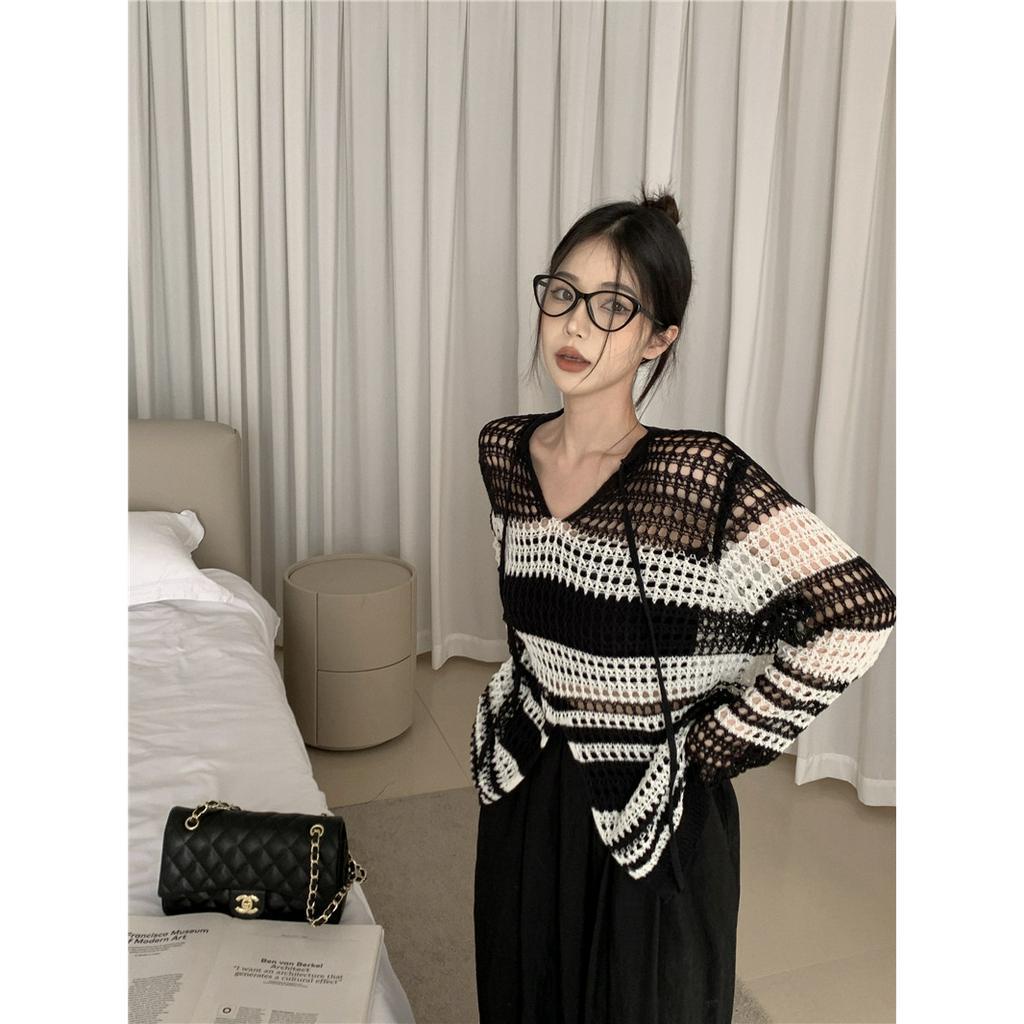 Áo Sweater Dệt Kim Chống Nắng Dáng Rộng Họa Tiết Kẻ Sọc Trắng Đen Phong Cách Retro Phương Tây