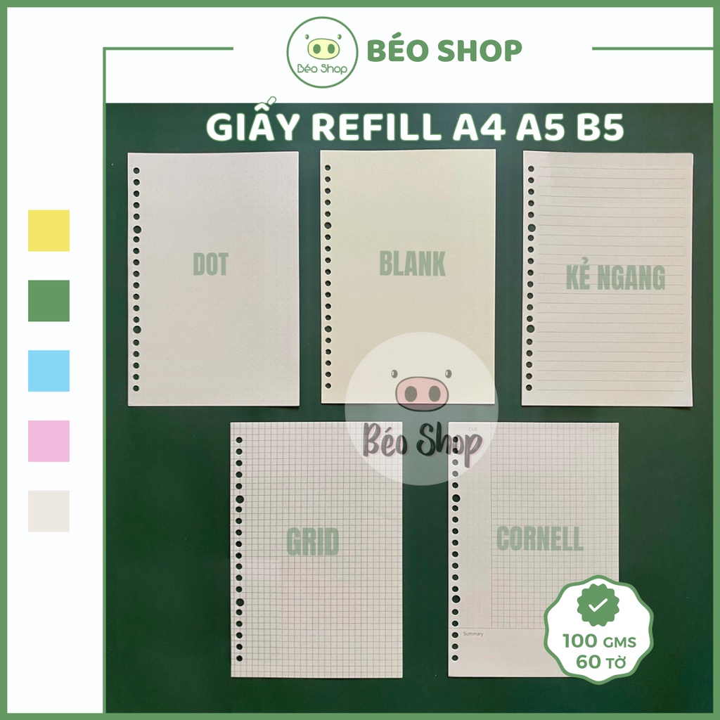 Ruột sổ còng A5 20 lỗ Béo shop , giấy refill A5 60 tờ binder thanh còng nhựa làm sổ planner bullet journal