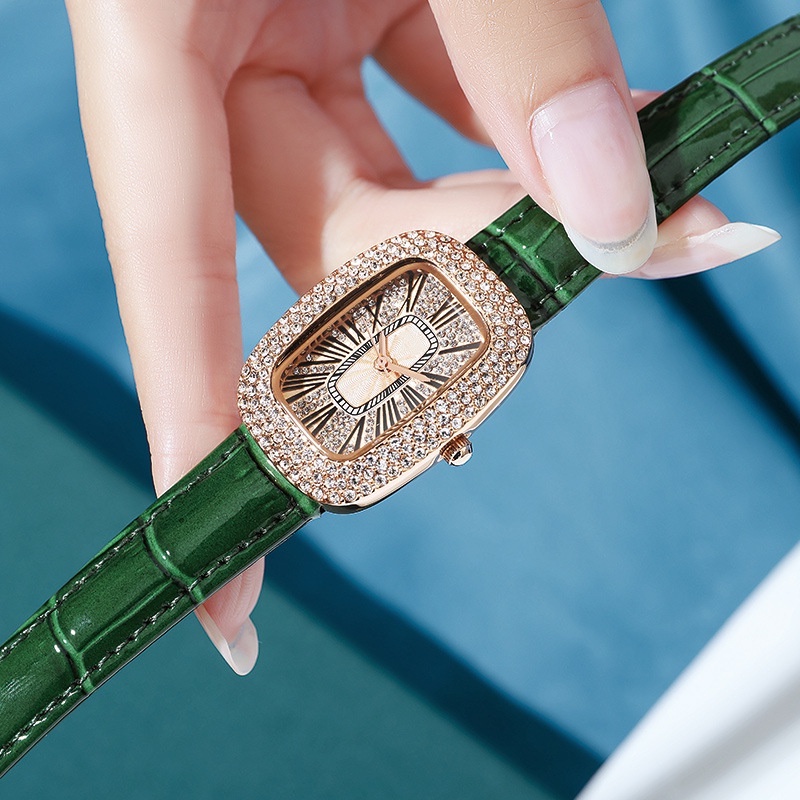 Đồng Hồ Đeo Tay Máy Quartz Đính Kim Cương Nhân Tạo Màu Xanh Lá Đơn Giản Cho Nữ