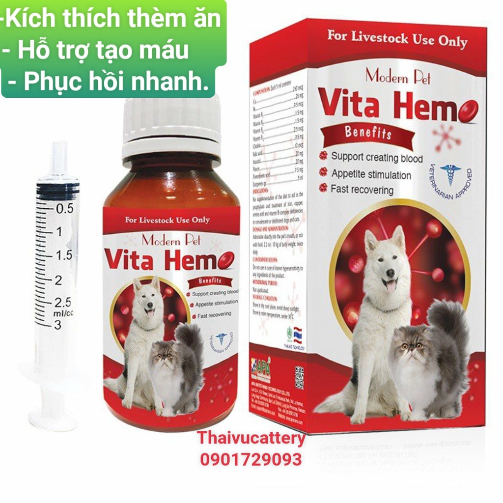 Vita Hem Hỗ trợ tạo máu Kích thích thèm ăn Phục hồi nhanh CHO THÚ CƯNG CHÓ MÈO Chai 100ml Thương hiệu Thái lan