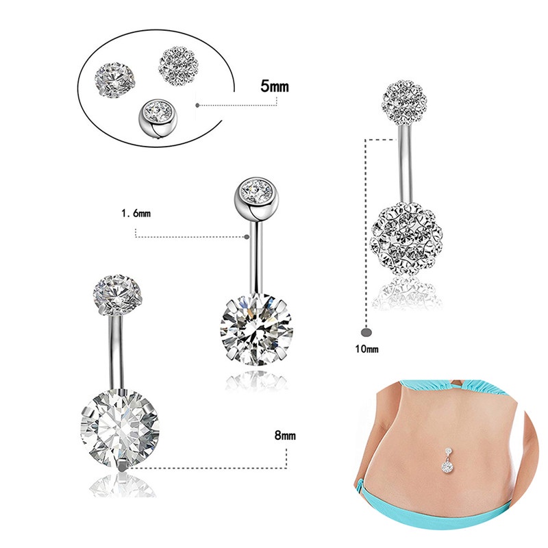 Set 5 Khuyên Rốn Thép Không Gỉ Đính Đá Pha Lê