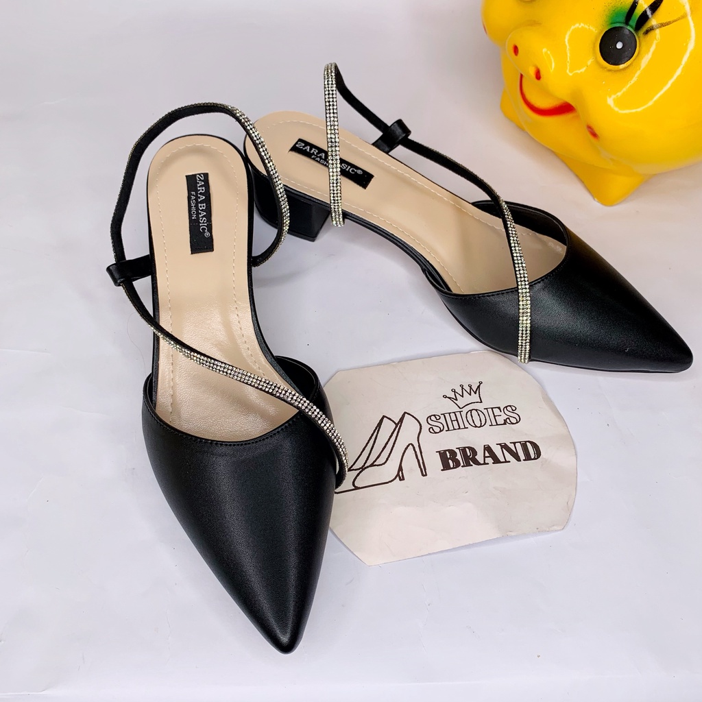 Sục nữ mũi nhọn, giày gót vuông phối dây đính hạt xoàn sang chảnh - MÃ C04