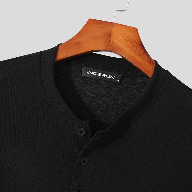 Áo thun INCERUN dài tay cổ chữ V màu trơn thời trang cho nam