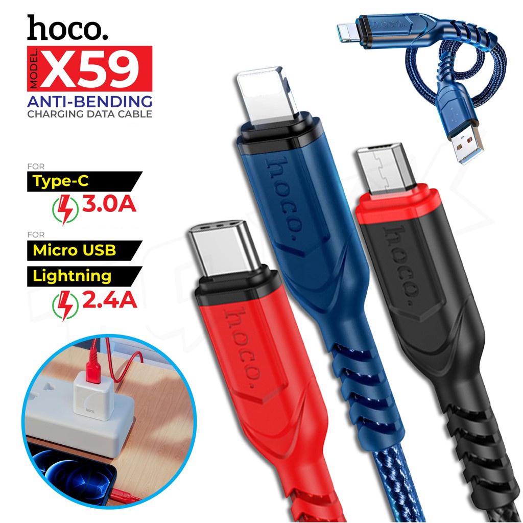 ⚡Mới⚡Dây Sạc Nhanh Hoco X59💎Dây Dù+Chống Đứt💎Cáp Sạc 2.4A/3A Hỗ Trợ Truyền Dữ Liệu Cho Iphone/ Micro USB/ Type-C Dài 1M