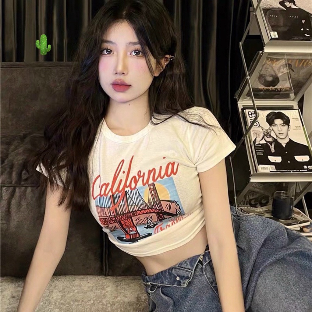 áo croptop tay ngắn chất thun coton in chữ calii hot p