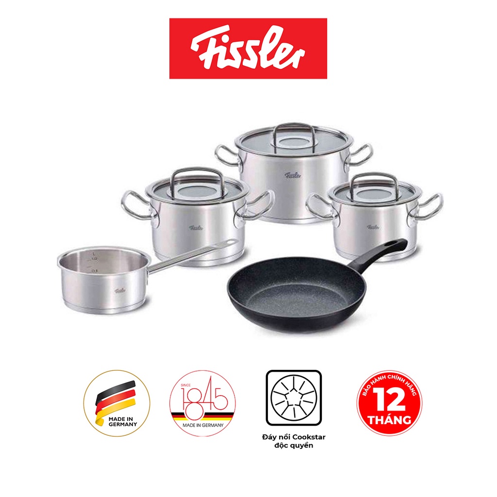 Bộ nồi inox Đức cao cấp Fissler Profi 4 nồi và 1 chảo chống dính cao cấp Stardust 24cm, hàng chính hãng 100% SX tại Đức