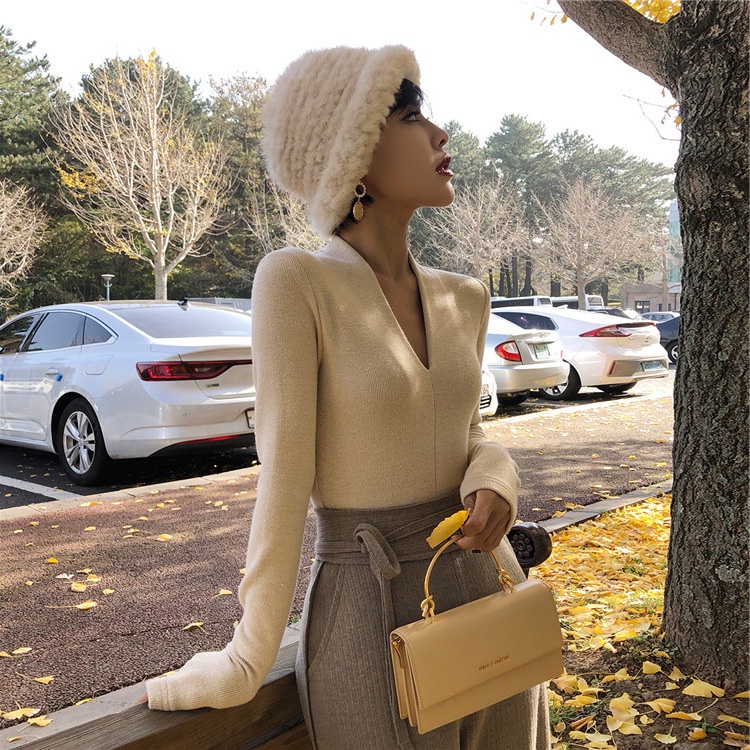 Áo sweater ZHELIHANGFEI dệt kim tay dài cổ chữ V phong cách phương Tây