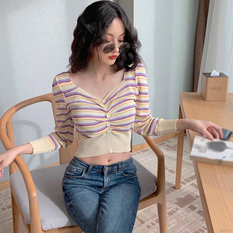 Áo Thun Tay Dài Cổ Chữ V Khoét Sâu Gợi Cảm Cho Bạn Nữ