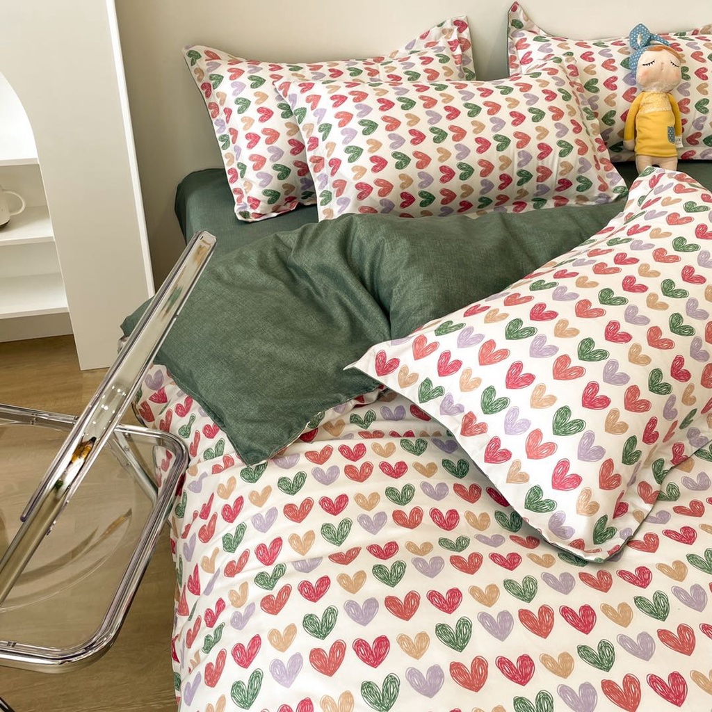 Bộ chăn ga gối drap Cotton Poly Gấu decor đủ mọi kích thước ga giường - Trái tim nhỏ bé