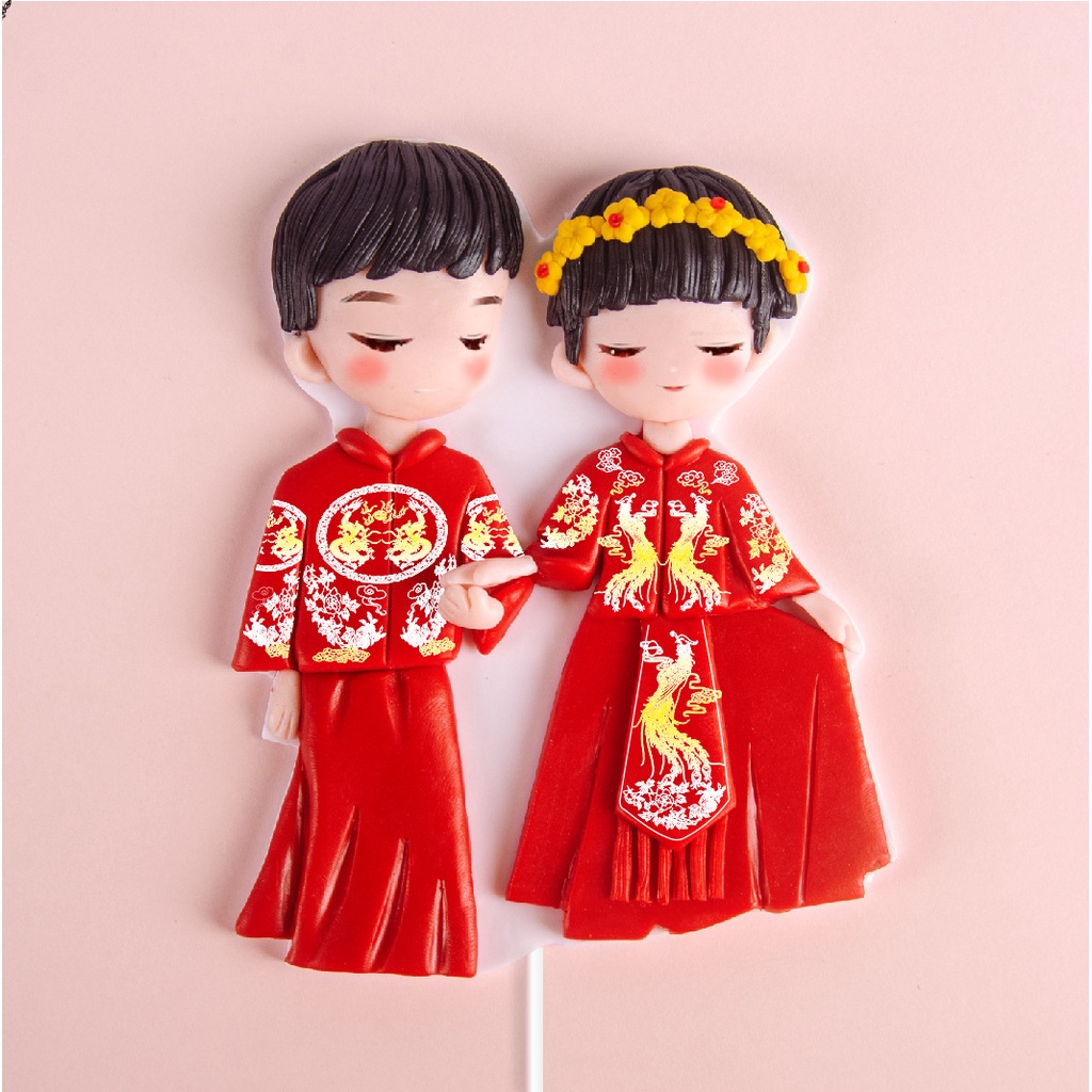 Phụ kiện bánh sinh nhật bánh kem - Set 10 thẻ cắm giấy cặp đôi cô dâu chú rể