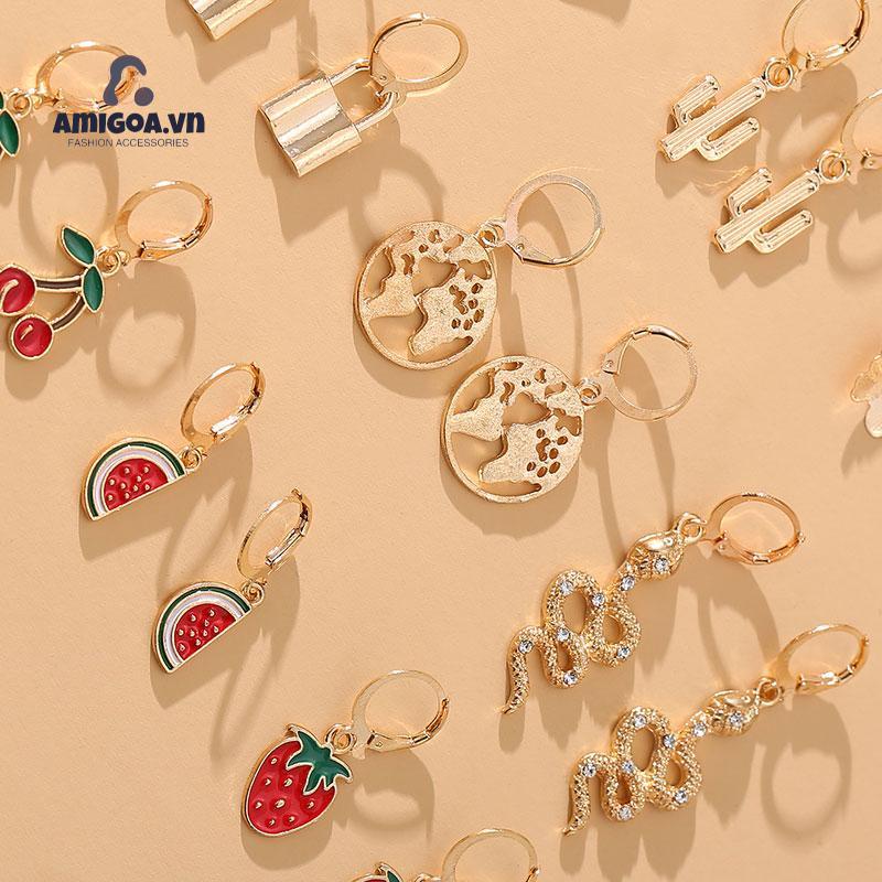 Bộ 9 Khuyên Tai Hình Trái Cây/Động Vật/Trái Cây Đơn Giản Sáng Tạo Cổ Điển Thời Trang