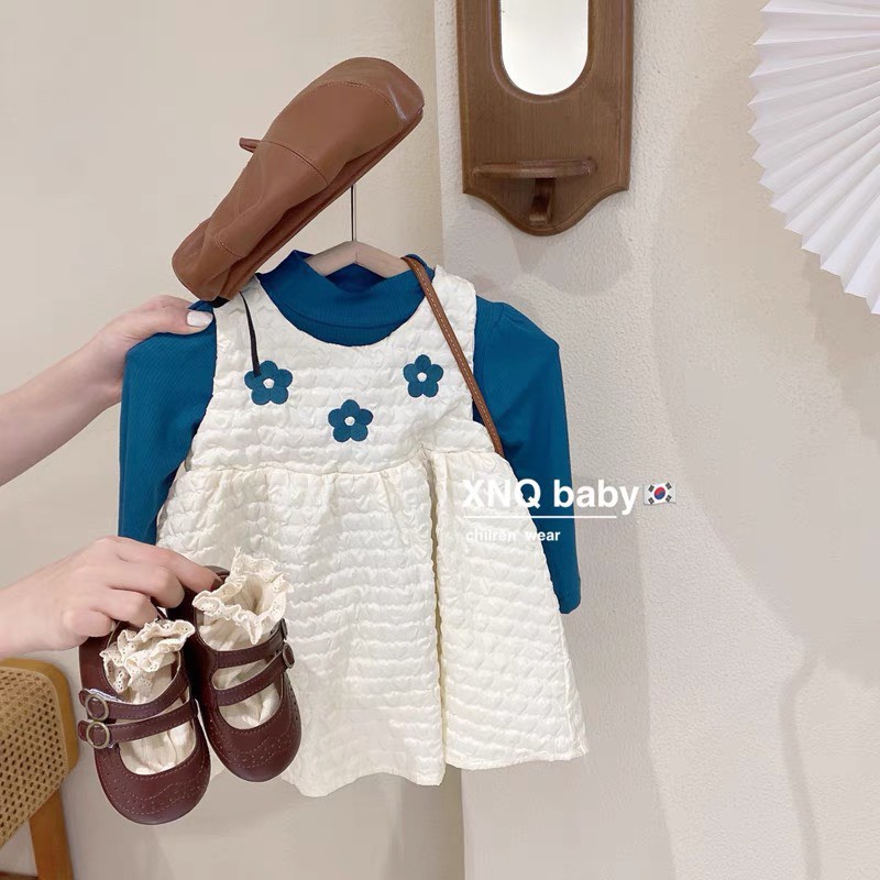 Set bộ áo thun tay dài cổ cao kèm váy xốp thêu hoa kiểu dáng hàn quốc cho bé gái từ 5-20kg