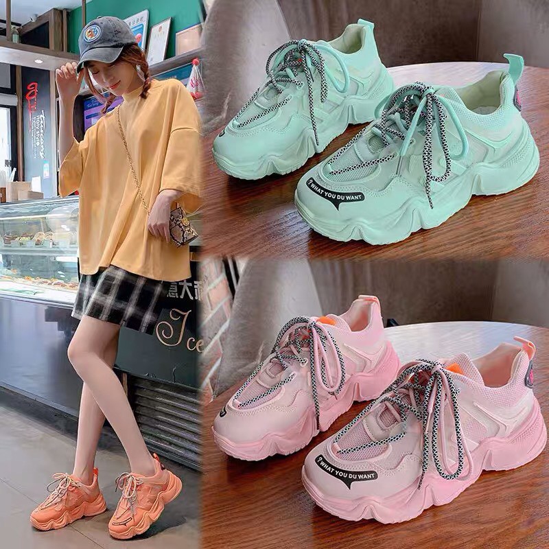 Giày thể thao nữ CLDB có 3 màu hồng, cam & xanh lá, dây kép, độn đế cao, thời trang Hàn Quốc đẹp, giá rẻ, hot trend 2020
