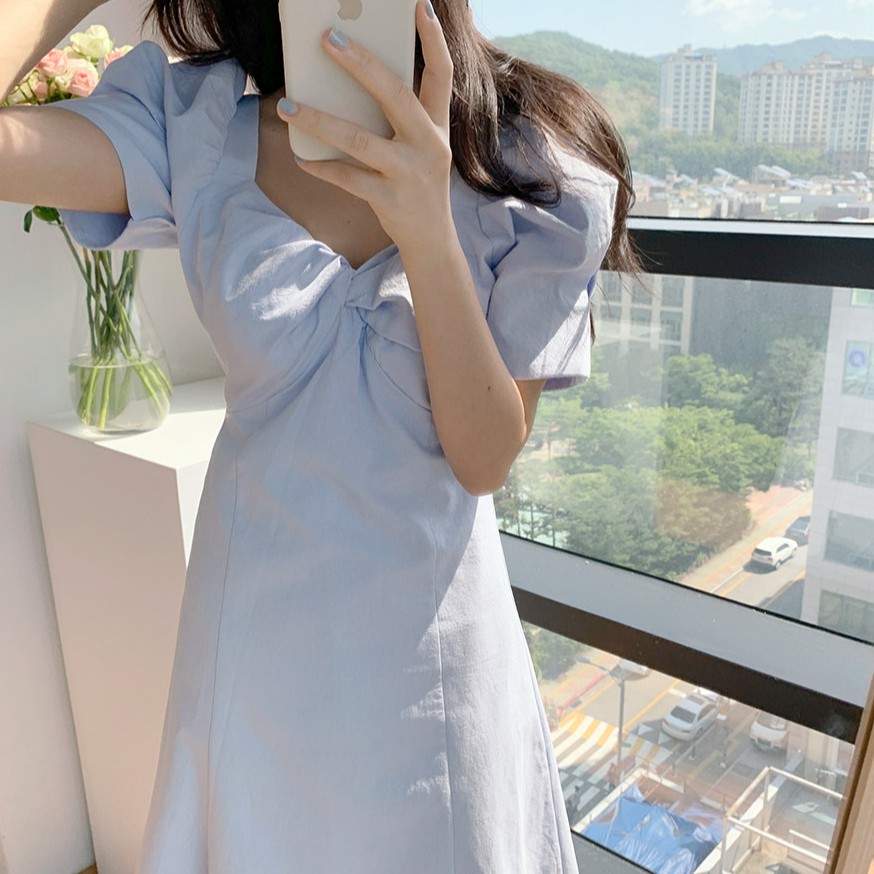 Đầm Midi Tay Ngắn Cổ Rộng Màu Trơn Đơn Giản 34395