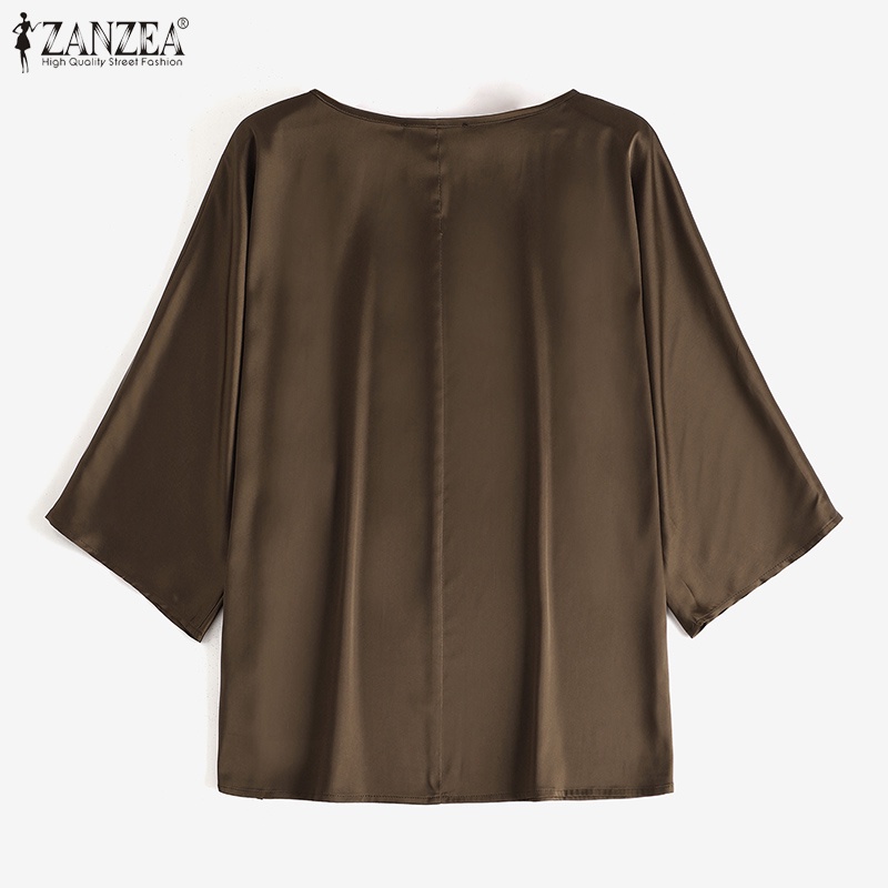 ZANZEA Áo Sơ Mi Vải Satin Tay Lửng Cổ Tròn Dáng Rộng Thời Trang Cho Nữ
