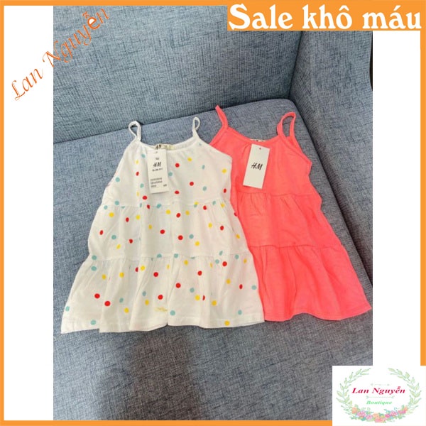 Bán sỉ Sét 2 váy cotton 2 dây màu cam- trắng chấm bi cho bé gái