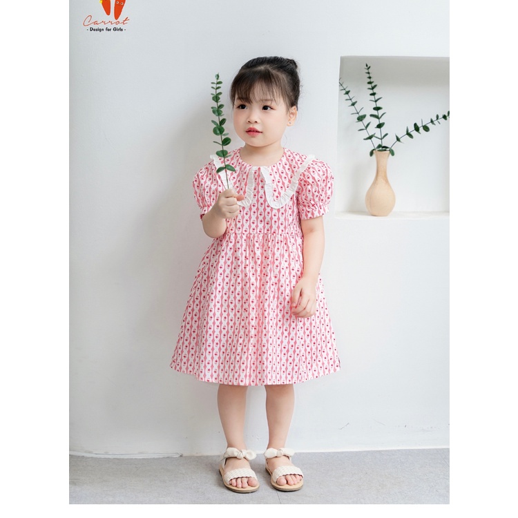 Váy Bé Gái Carrot Cổ Peter Pan, Họa Tiết Hoa Nhí Kẻ Hồng, Chất Thô Cotton Thoáng Mát Thấm Hút Mồ Hôi Tốt